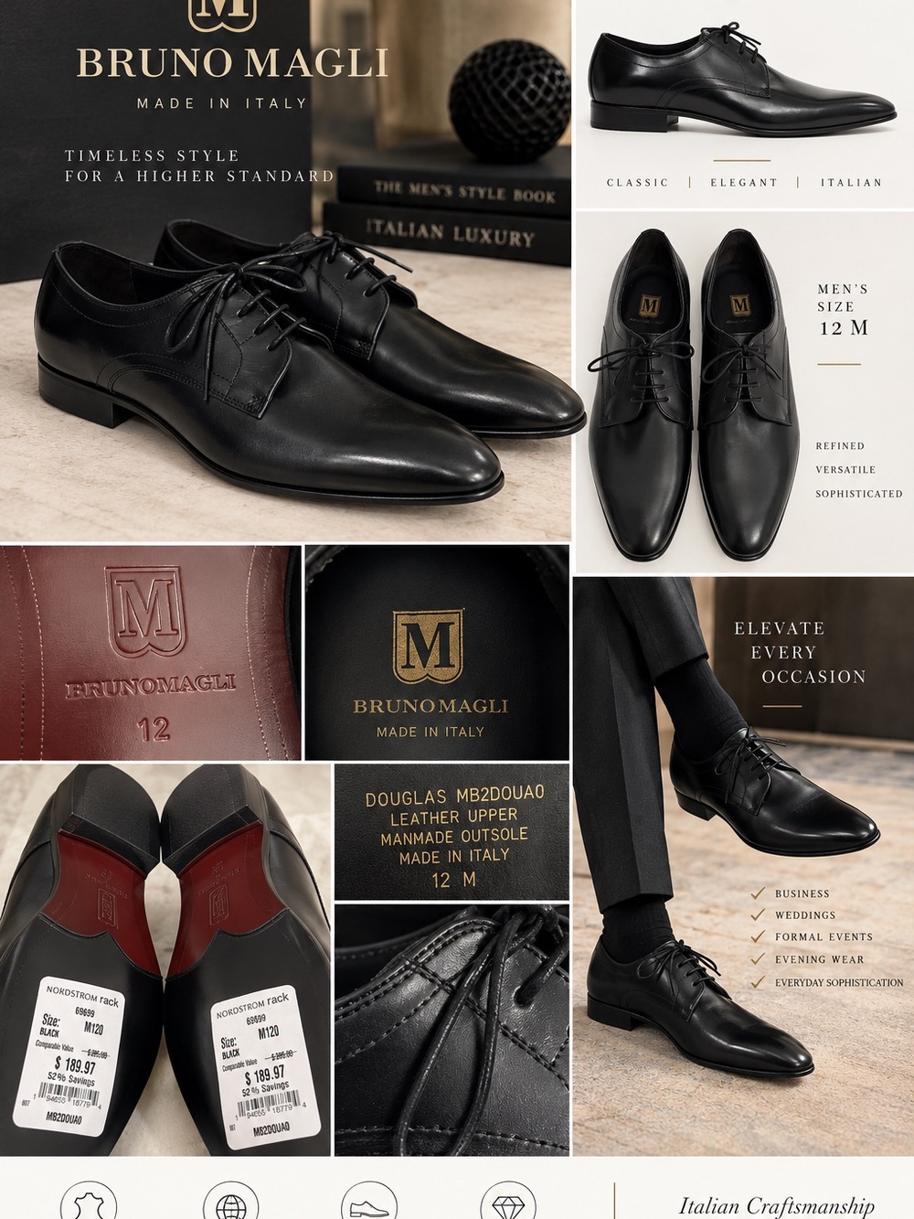 Bruno Magli Douglas Black Leather Derby Dress Shoes Men’s 12 M NWT No Box